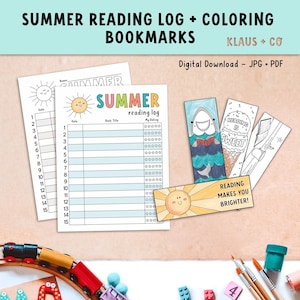 May include: A printable summer reading log and coloring bookmarks. The reading log has a summer theme with a sun and the words "Summer Reading Log". The bookmarks feature a shark, ice cream cone, and a sun.