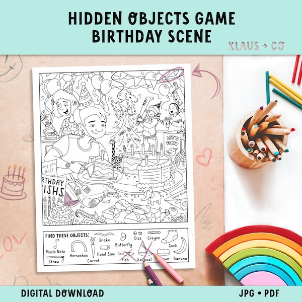 Color and Find Hidden Object Birthday Coloring Page / Printable Activity Page