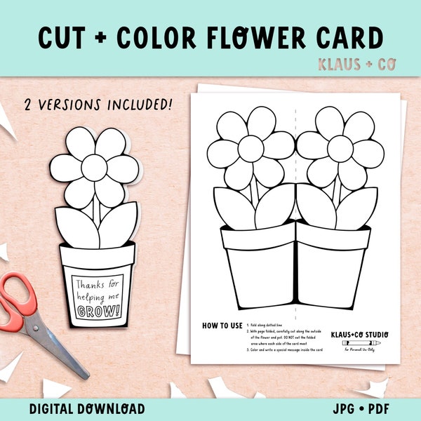 Thanks for Helping Me Grow Printable Card /  Mother's Day or Teacher Appreciation  / Printable Cut and Color Card for kids