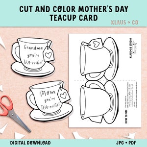 Teetasse-Karte zum Muttertag / You're Tearrific / Blanko, Mama oder Oma / Druckbare Schnitt- und Farbkarte für Kinder