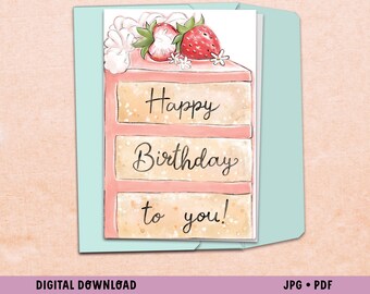 Biglietto d'auguri per fetta di torta / DIGITALE / Biglietto e busta / Torta rosa fragola