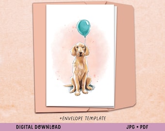 Watercolor Golden Retriever Balloon Card: Dog Birthday (Digital Download)