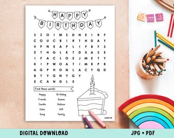 Birthday Word Search / Coloring Page / Printable Activity