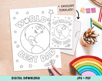 World&#39;s Best Dad Card for Father&#39;s Day/ Coloring Card and Envelope / Digital Download / Printable Activity / Dad&#39;s Birthday