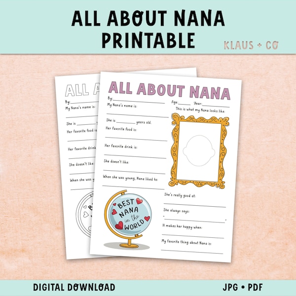 All About Nana Gift for Mother's Day / Printable Coloring Card for kids / Grandma Nana gift