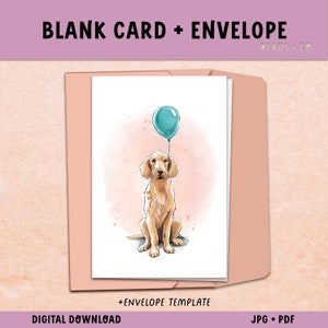 Tarjeta con globo Golden Retriever, DIGITAL, Tarjeta en blanco y sobre para cumpleaños o felicitaciones, Arte de acuarela para perros Goldie