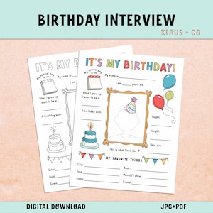 Entretien d'anniversaire pour enfants / Questionnaire d'activité C'est mon anniversaire / Orthographe américaine et britannique / Téléchargement numérique
