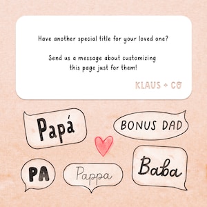 Pu&ograve; includere: Un'illustrazione ad acquerello di diversi modi per rivolgersi a una figura paterna, tra cui "Papa", "Bonus Dad", "Baba", "Pa" e "Pappa". L'illustrazione &egrave; su uno sfondo rosa chiaro con un piccolo cuore rosso.