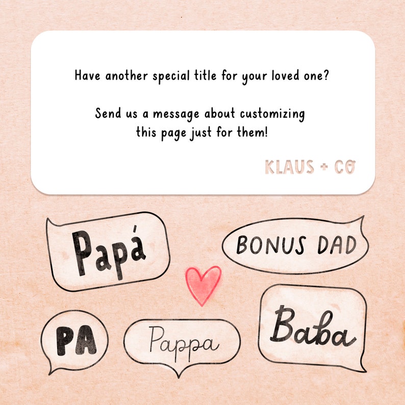 Pu&ograve; includere: Un'illustrazione ad acquerello di diversi modi per rivolgersi a una figura paterna, tra cui "Papa", "Bonus Dad", "Baba", "Pa" e "Pappa". L'illustrazione &egrave; su uno sfondo rosa chiaro con un piccolo cuore rosso.