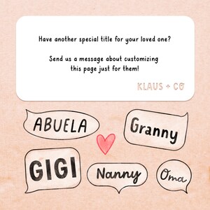 May include: A light pink background with a white box containing the text "Have another special title for your loved one? Send us a message about customizing this page just for them! KLAUS + CO". Below the box are five speech bubbles with the words "ABUELA", "Granny", "GIGI", "Nanny", and "Oma" in black text.