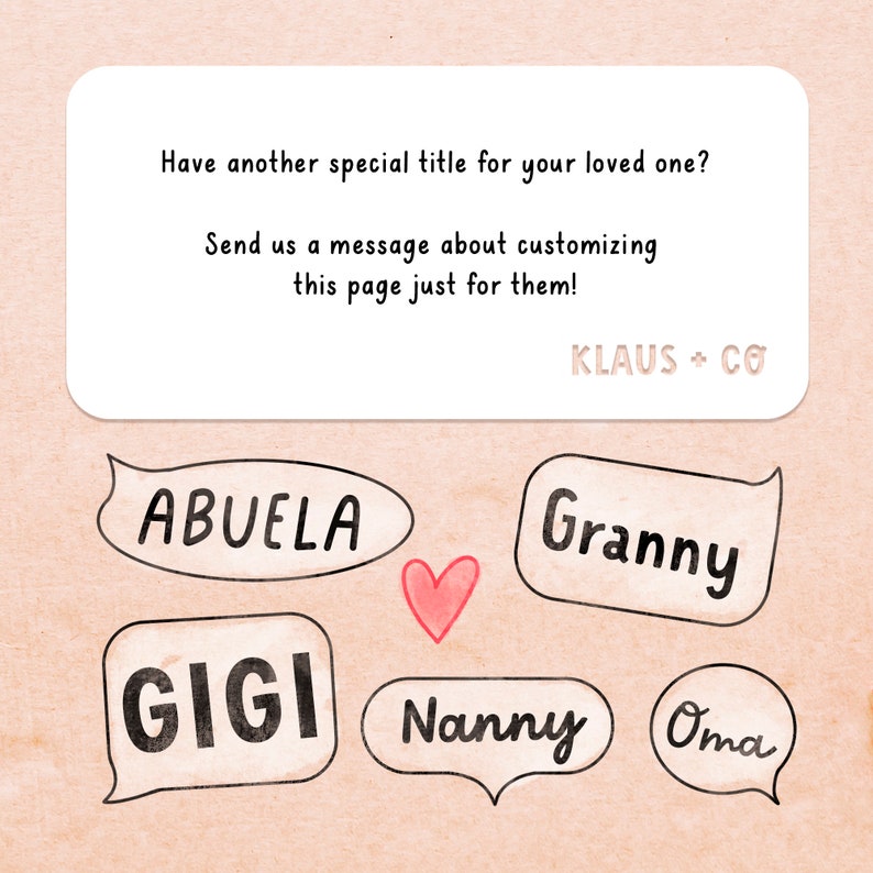 May include: A light pink background with a white box containing the text "Have another special title for your loved one? Send us a message about customizing this page just for them! KLAUS + CO". Below the box are five speech bubbles with the words "ABUELA", "Granny", "GIGI", "Nanny", and "Oma" in black text.