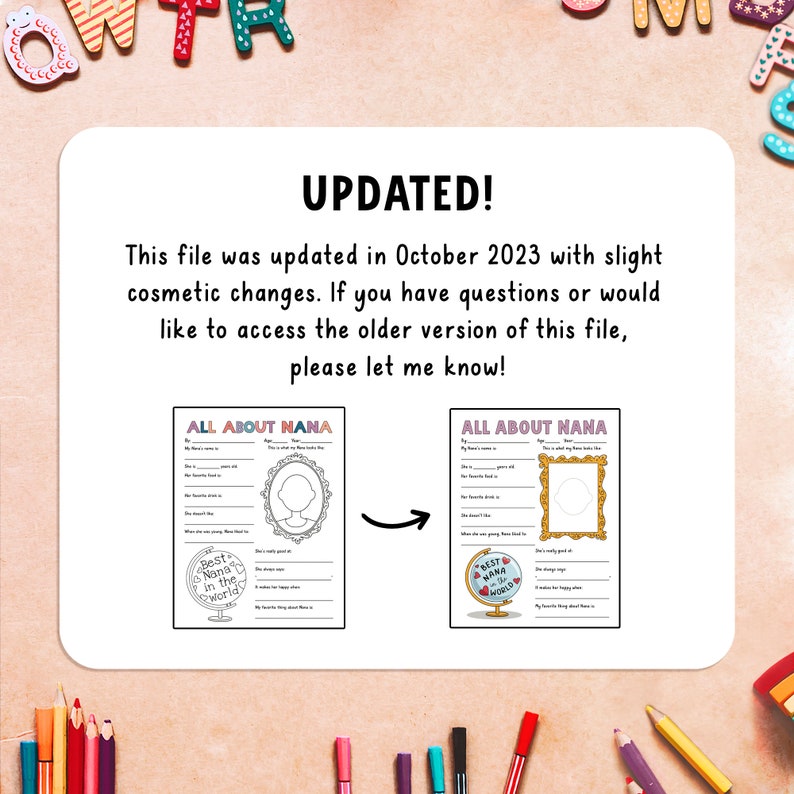 May include: A printable worksheet with two versions of a "All About Nana" questionnaire. The worksheet includes space for a photo, a list of questions about Nana, and a globe with the text "Best Nana in the World!"