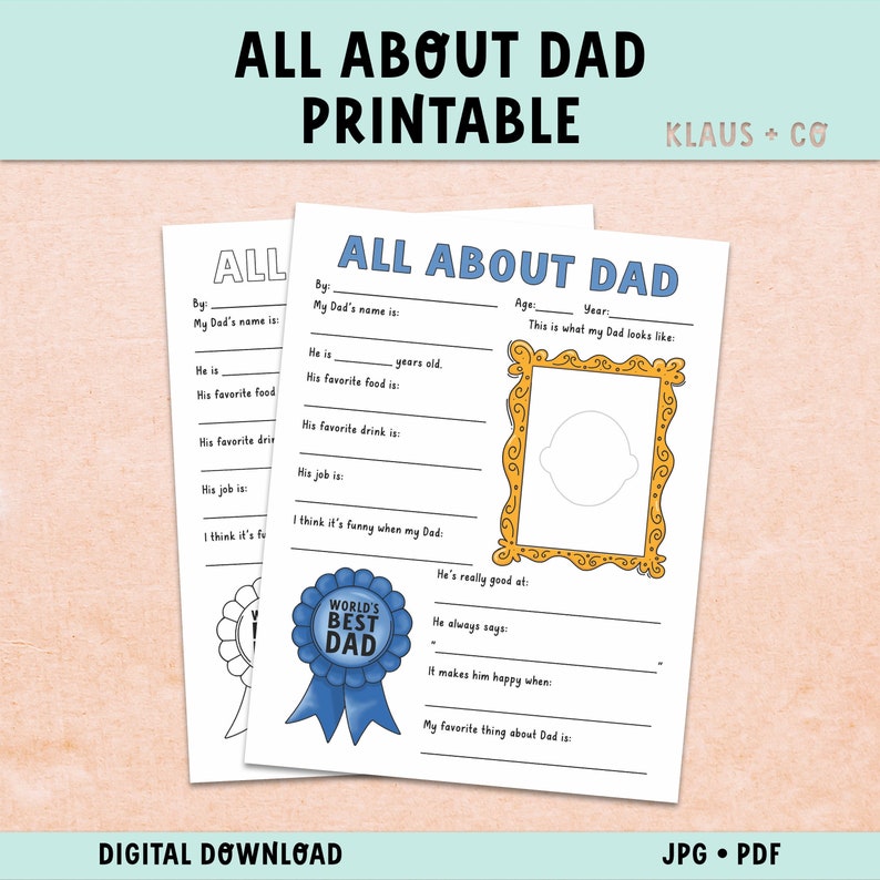 Pu&ograve; includere: Foglio di attivit&agrave; stampabile "Tutto su pap&agrave;" con una cornice per disegnare, un distintivo "miglior pap&agrave; del mondo" e domande a risposta multipla su un padre. Il foglio &egrave; progettato per essere compilato dai bambini su loro padre.