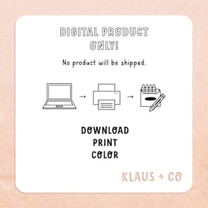 Pu&ograve; includere: Download digitale di una pagina da colorare stampabile. L'immagine mostra un laptop, una stampante e una scatola di pastelli. Il testo recita "PRODOTTO DIGITALE SOLO! Nessun prodotto verr&agrave; spedito. SCARICA STAMPA COLORA KLAUS + CO"