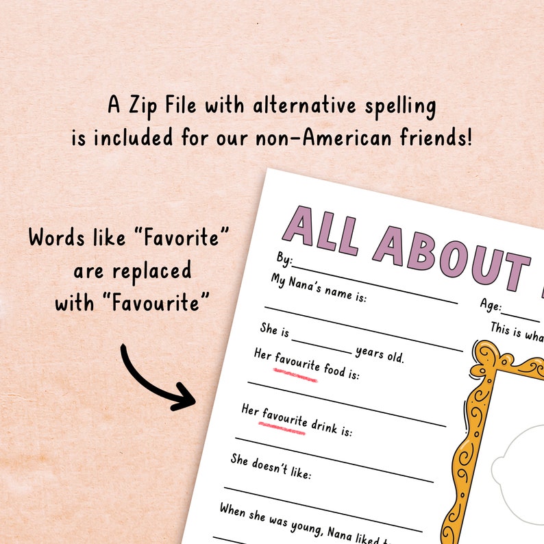 May include: A printable worksheet titled "All About My Nana" with a gold picture frame and a space for a photo. The worksheet asks questions about the person's Nana, such as her name, age, favorite food, and favorite drink.