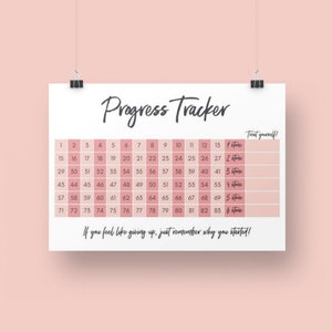 May include: A white poster with a pink gradient design, featuring a "Progress Tracker" calendar. The calendar has numbered squares and the text "Treat yourself!" and "If you feel like giving up, just remember why you started!"