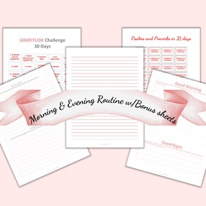 Puede incluir: Páginas imprimibles para un desafío de gratitud, una rutina matutina y vespertina, y un diario de Salmos y Proverbios en 31 días. Las páginas están decoradas con una cinta rosa de acuarela.