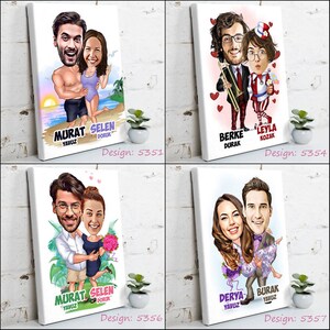 May include: Four canvas prints featuring cartoon caricatures of couples. Each print includes the couple's names and the word "Yavuz" below. The designs are numbered 5351, 5354, 5356, and 5357. Each canvas is displayed with a small potted plant.