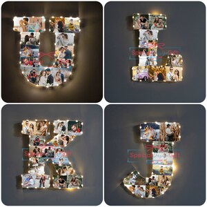 Puede incluir: Cuatro collages de fotos iluminados en forma de letras, cada uno lleno de m&uacute;ltiples fotograf&iacute;as. Las letras son U, J, R y J. Cada letra est&aacute; delineada con peque&ntilde;as luces blancas c&aacute;lidas. Las fotos parecen ser de parejas y familias.