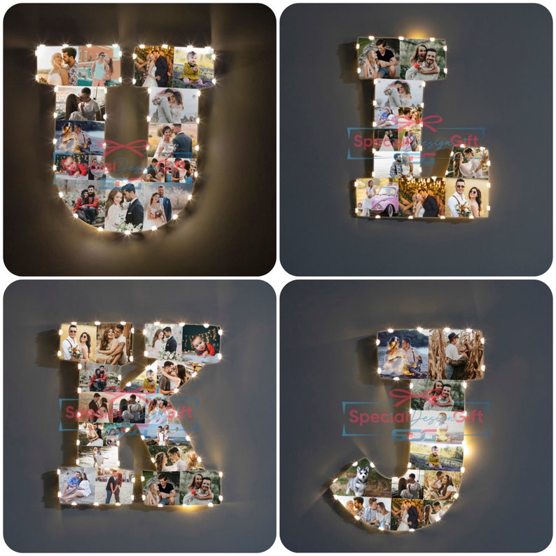 Puede incluir: Cuatro collages de fotos iluminados en forma de letras, cada uno lleno de m&uacute;ltiples fotograf&iacute;as. Las letras son U, J, R y J. Cada letra est&aacute; delineada con peque&ntilde;as luces blancas c&aacute;lidas. Las fotos parecen ser de parejas y familias.