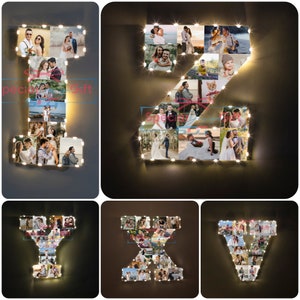 Puede incluir: Collages de fotos con forma de las letras T, Z, Y, X y V. Cada letra est&aacute; llena de m&uacute;ltiples fotos y delineada con peque&ntilde;as luces LED blancas c&aacute;lidas. El texto "special gift" es visible en la letra T.