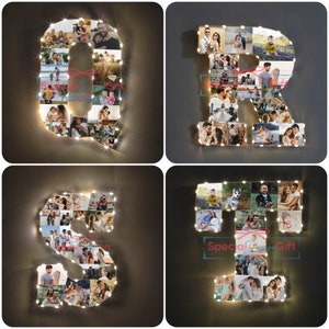 Puede incluir: Cuatro collages de fotos iluminados en forma de letras. Cada letra, 'R', 'S', '3' y '9', est&aacute; llena de m&uacute;ltiples fotos peque&ntilde;as y delineada con luces de hadas blancas c&aacute;lidas. Las letras se muestran sobre un fondo oscuro, con el texto "Special Design Gift" visible.