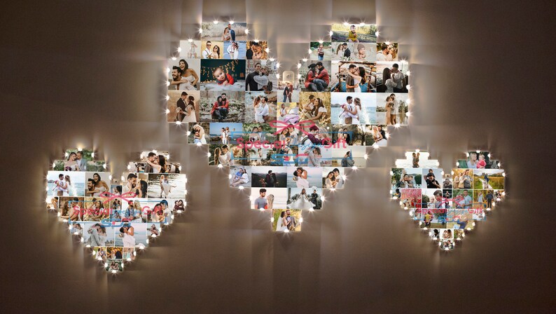 Puede incluir: Tres collages de fotos en forma de coraz&oacute;n con luces de hadas. Cada coraz&oacute;n est&aacute; compuesto por numerosas fotos peque&ntilde;as, que muestran parejas y momentos familiares. Los corazones est&aacute;n iluminados por luces blancas c&aacute;lidas, creando una decoraci&oacute;n de pared rom&aacute;ntica y personalizada.