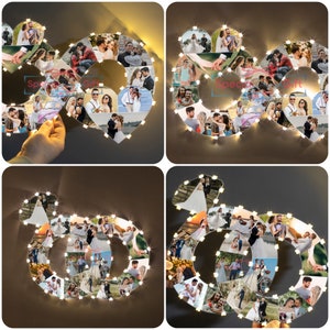 Puede incluir: Un collage de fotos en forma de coraz&oacute;n con m&uacute;ltiples im&aacute;genes, iluminado por peque&ntilde;as luces blancas c&aacute;lidas. El collage est&aacute; etiquetado como "Special Gift". Las fotos parecen ser de parejas, posiblemente con tem&aacute;tica de boda o aniversario.