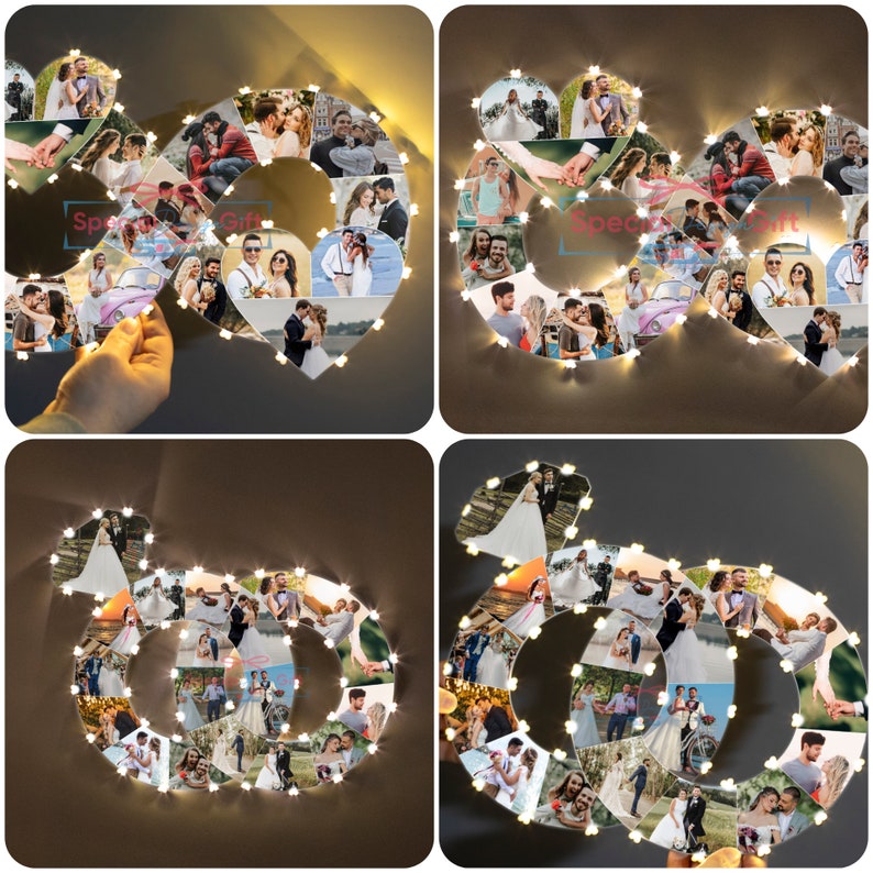 Puede incluir: Un collage de fotos en forma de coraz&oacute;n con m&uacute;ltiples im&aacute;genes, iluminado por peque&ntilde;as luces blancas c&aacute;lidas. El collage est&aacute; etiquetado como "Special Gift". Las fotos parecen ser de parejas, posiblemente con tem&aacute;tica de boda o aniversario.