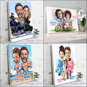 May include: Four canvas prints featuring cartoon portraits of couples. Each print has a unique design, including a couple on a motorcycle, riding a bicycle, at the beach, and holding stuffed animals. Each print has the couple's names.