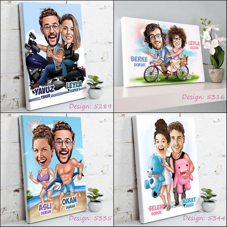 May include: Four canvas prints featuring cartoon portraits of couples. Each print has a unique design, including a couple on a motorcycle, riding a bicycle, at the beach, and holding stuffed animals. Each print has the couple's names.