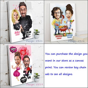 May include: Four canvas prints with cartoon illustrations of couples. Each print features a unique design with names and design numbers. The prints are displayed against a white brick wall. Text on the prints includes names and design numbers.