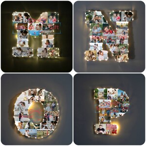 Puede incluir: Cuatro collages de fotos iluminados con forma de letras M, N, O y P. Cada letra est&aacute; llena de varias fotos peque&ntilde;as y rodeada de luces de cadena. Las letras est&aacute;n montadas en una pared gris.
