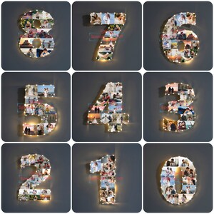 Puede incluir: Una colecci&oacute;n de n&uacute;meros iluminados del 0 al 8, cada uno lleno de m&uacute;ltiples fotograf&iacute;as. Los n&uacute;meros est&aacute;n delineados con peque&ntilde;as luces blancas c&aacute;lidas. El fondo es gris neutro, y el texto "Special Gift" es visible en algunos n&uacute;meros.
