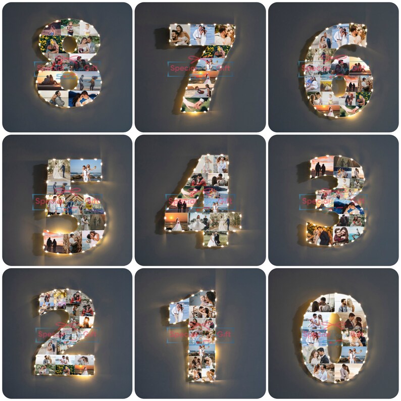 Puede incluir: Una colecci&oacute;n de n&uacute;meros iluminados del 0 al 8, cada uno lleno de m&uacute;ltiples fotograf&iacute;as. Los n&uacute;meros est&aacute;n delineados con peque&ntilde;as luces blancas c&aacute;lidas. El fondo es gris neutro, y el texto "Special Gift" es visible en algunos n&uacute;meros.