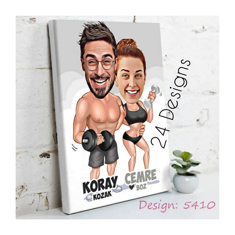 May include: A canvas print featuring a cartoon couple working out with weights. The man is shirtless, and the woman is wearing a sports bra and shorts. The print includes the text "24 Designs", "KORAY KOZAK", and "CEMRE BOZ".