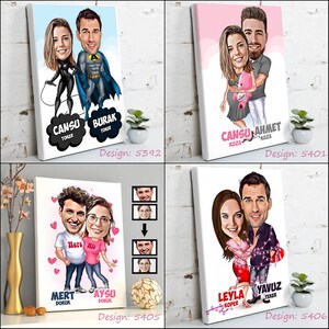 May include: Four canvas prints featuring cartoon caricatures of couples. The designs include a superhero theme, a couple with a teddy bear, a couple with "Hers" and "His" shirts, and a couple with string lights. Each print has names and a design number.