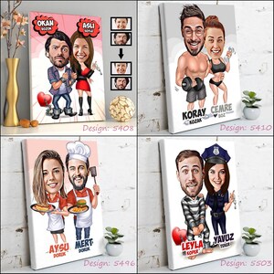 May include: Four canvas prints with cartoon caricatures of couples. Each features a unique theme: a couple in love, a fitness couple, a chef couple, and a police officer and prisoner couple. Each print has text with names and design numbers.