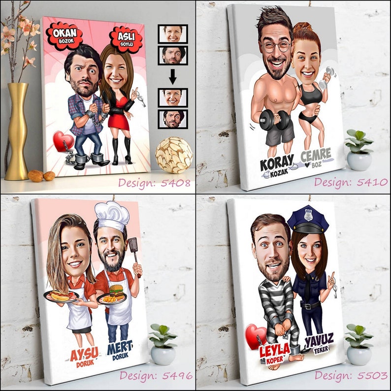 May include: Four canvas prints with cartoon caricatures of couples. Each features a unique theme: a couple in love, a fitness couple, a chef couple, and a police officer and prisoner couple. Each print has text with names and design numbers.