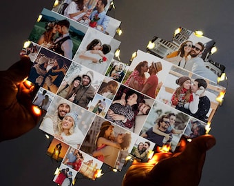 Tablero de fotos de madera para pared, tablero de madera en forma de corazón con luz Led, impresión de 23 fotos gratis, soporte de imagen, decoración del hogar, regalo de aniversario