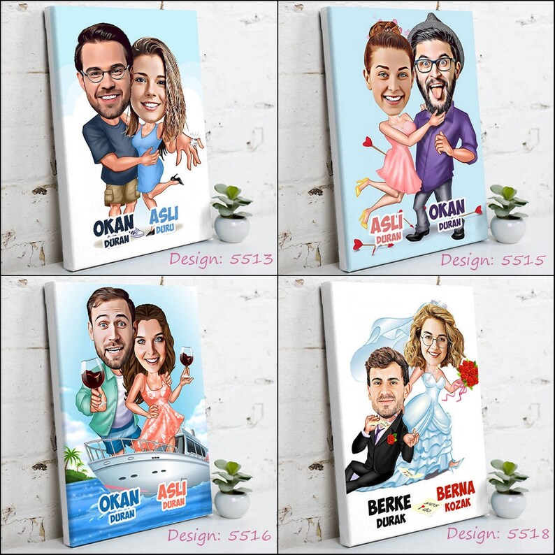 May include: Four canvas prints featuring cartoon illustrations of couples. Each print has a different design, including couples embracing, a couple with arrows, a couple on a boat, and a wedding scene. Each print has names and design numbers.