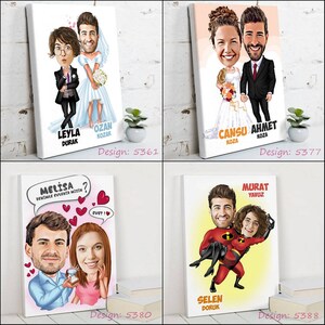May include: Four canvas prints featuring cartoon illustrations of couples. The designs include wedding portraits and proposal scenes, with names and text bubbles. Each print has a unique design number.