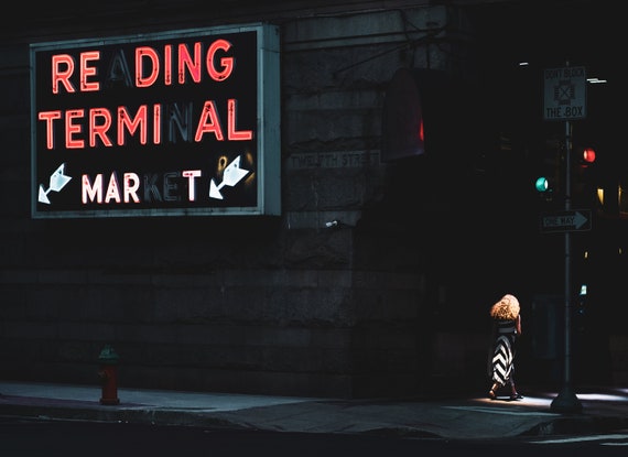 Street Photography Wall Art, Philadelphia Wall Art, Reading Terminal Market, Night Photo Print