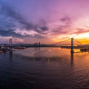 Sunrise over Philadelphia and Camden NJ Wall Art, City Skyline Wall Art, Panorama Wall Art