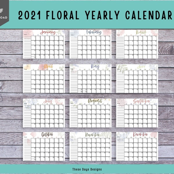 2021 Blumenkalender, Tischkalender, Kalendervorlage, Terminkalender druckbar, Kalender für Geburtstage, hübscher Kalender, für Mädchen