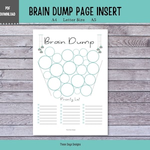 May include: Printable brain dump page insert with a blue and white design. The page features a section for brainstorming ideas with circles and a priority list section with lines for writing.