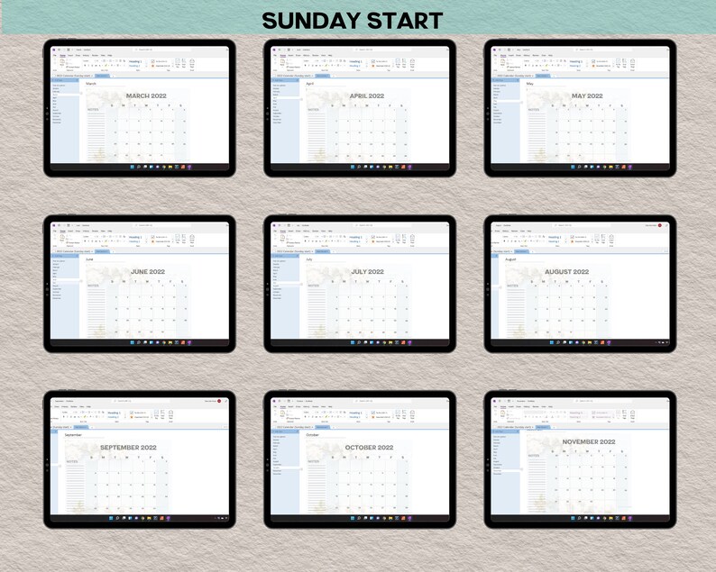 2022 Onenote Calendar, Monday Start, Sunday Start, Onenote Template