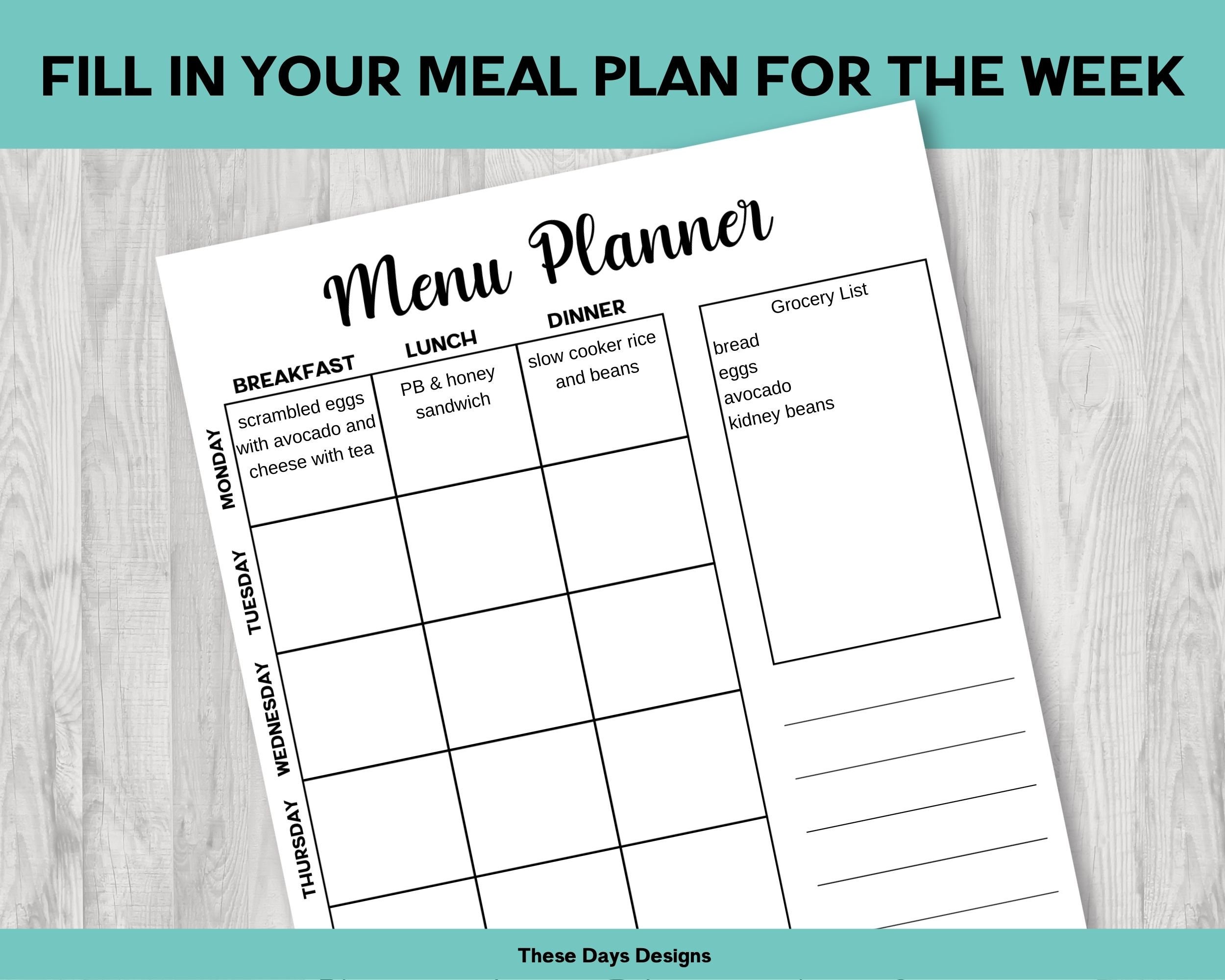 Menu Planner, Editable Planner, Meal Planner, Menu Template, Digital ...