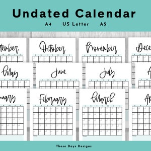12 Month Calendar, Undated Calendar, Printable Calendar, Monthly Calendar, Blank Calendar, Minimalist Calendar, Monthly Agenda