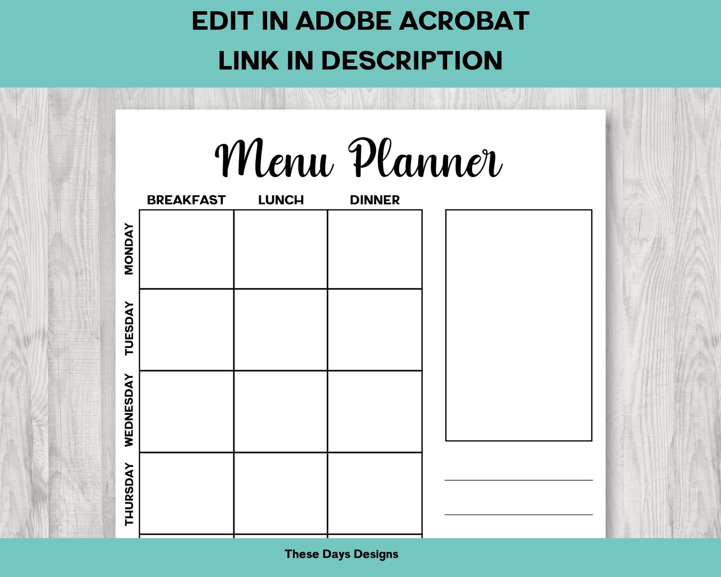 Menu Planner, Editable Planner, Meal Planner, Menu Template, Digital ...
